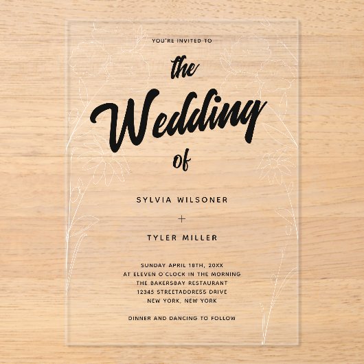 Wildflower bloemen typografie bruiloft acryl uitnodigingen (Voorkant)