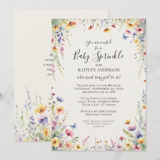 Wildflower Bloemen Waterverf Baby Meisje Douche Kaart (Voorkant / Achterkant)