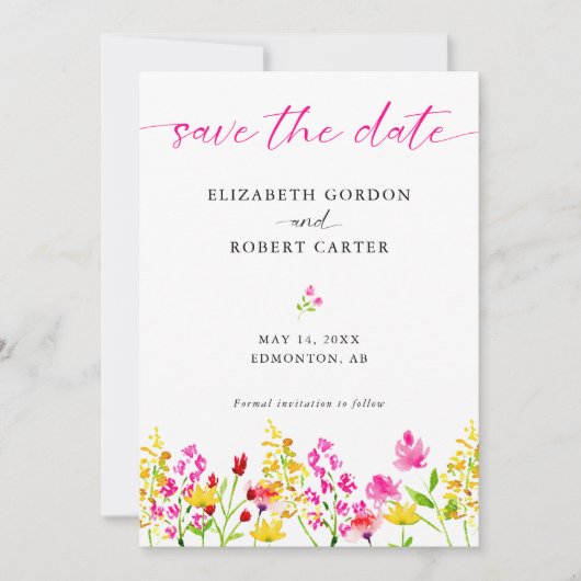 Wildflower Bloemen Waterverf Elegant Script Save The Date (Voorkant)