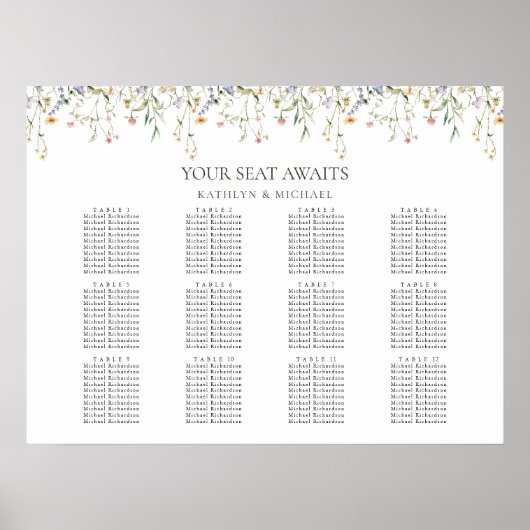 Wildflower bloementuin bruiloft 12 tafel zitplaats poster (Voorkant)