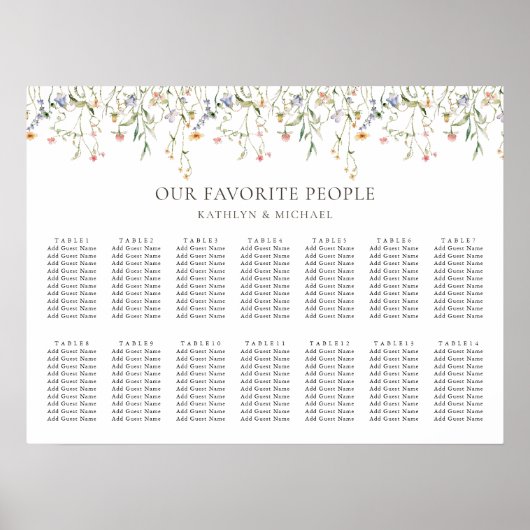 Wildflower bloementuin bruiloft 14 tafel zitplaats poster (Voorkant)