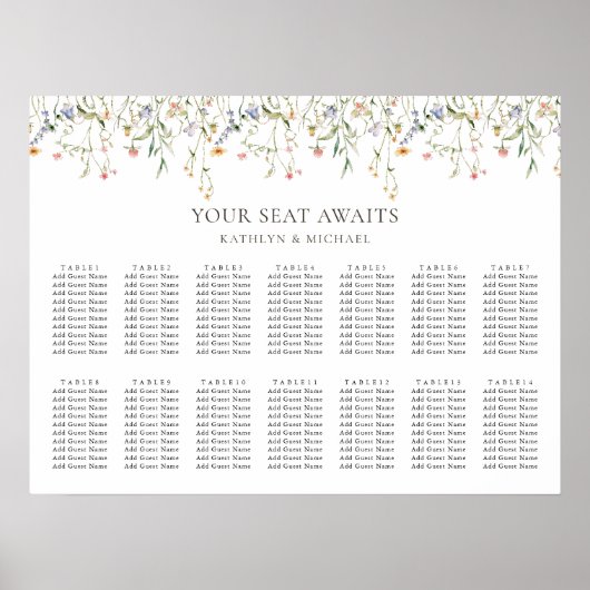 Wildflower bloementuin bruiloft 14 tafel zitplaats poster (Voorkant)