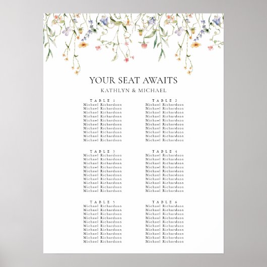 Wildflower bloementuin bruiloft 6 tafel zitplaatse poster (Voorkant)