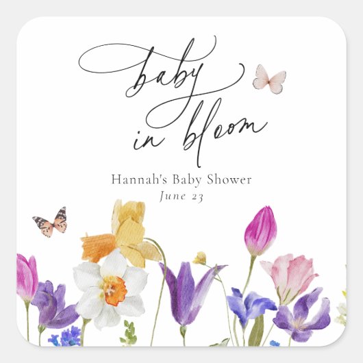 Wildflower Bloom Baby shower Vierkante Sticker (Voorkant)