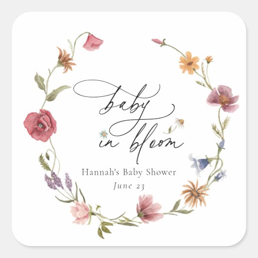 Wildflower Bloom Baby shower Vierkante Sticker (Voorkant)