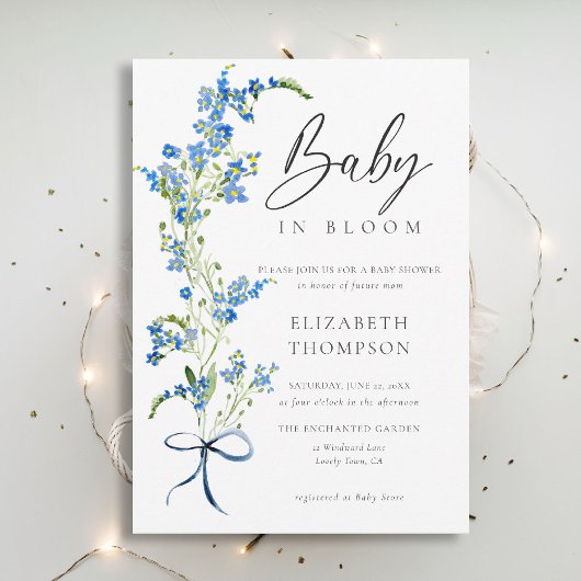 Wildflower Bloom Soft Blue Bow Elegant Baby shower Kaart