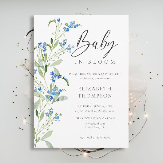 Wildflower Blue Bloom Floral Elegant Baby shower Kaart