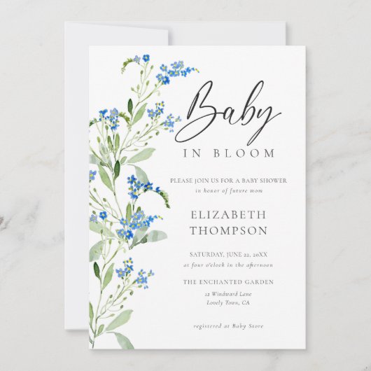 Wildflower Blue Bloom Floral Elegant Baby shower Kaart (Voorkant)