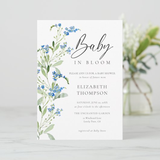 Wildflower Blue Bloom Floral Elegant Baby shower Kaart (Staand voorkant)