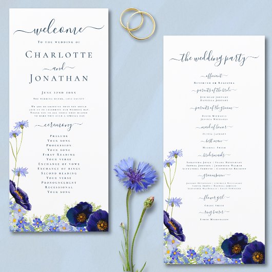Wildflower Blue Boho huwelijksprogramma Menu