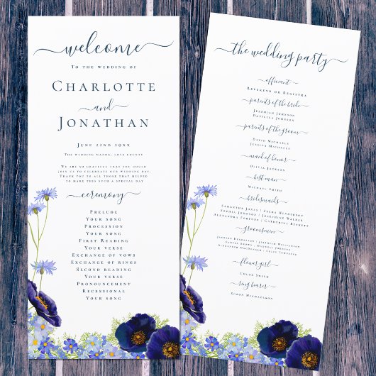 Wildflower Blue Boho huwelijksprogramma Menu