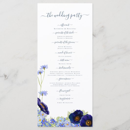 Wildflower Blue Boho huwelijksprogramma Menu (Achterkant)