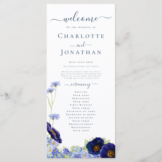 Wildflower Blue Boho huwelijksprogramma Menu (Voorkant)