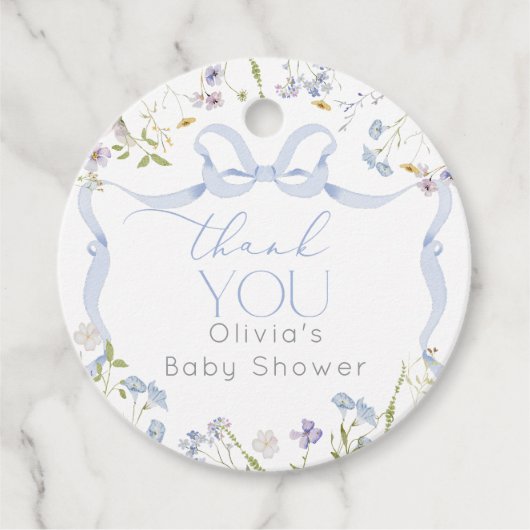 Wildflower Blue Bow Baby shower bedankt Bedankjes Labels (Voorkant)