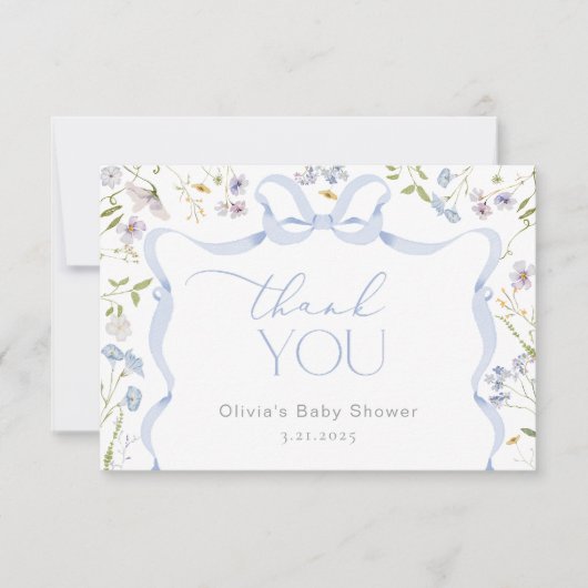Wildflower Blue Bow lijst Baby shower Dank u Bedankkaart (Voorkant)