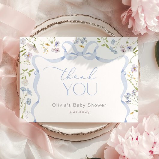 Wildflower Blue Bow lijst Baby shower Dank u Bedankkaart