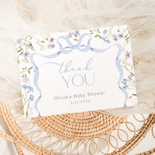 Wildflower Blue Bow lijst Baby shower Dank u Bedankkaart