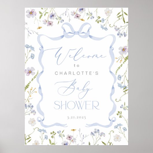 Wildflower Blue Bow lijst Baby shower Welkom Poster (Voorkant)