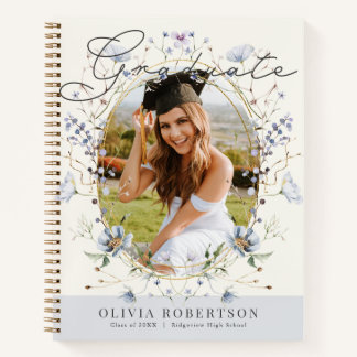 Wildflower Blue Floral Photo Graduation Guest Book Notitieboek