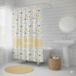 Wildflower Blue Yellow Pink Monogram Watercolor Douchegordijn