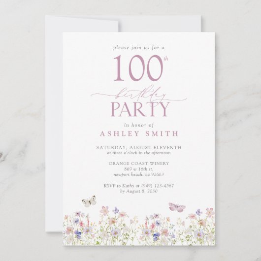 Wildflower Blush Roze 100ste Verjaardagsfeesttuin Kaart (Voorkant)