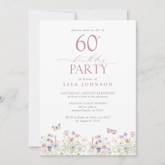 Wildflower Blush Roze 60ste Verjaardagsfeestje Ele Kaart (Voorkant)