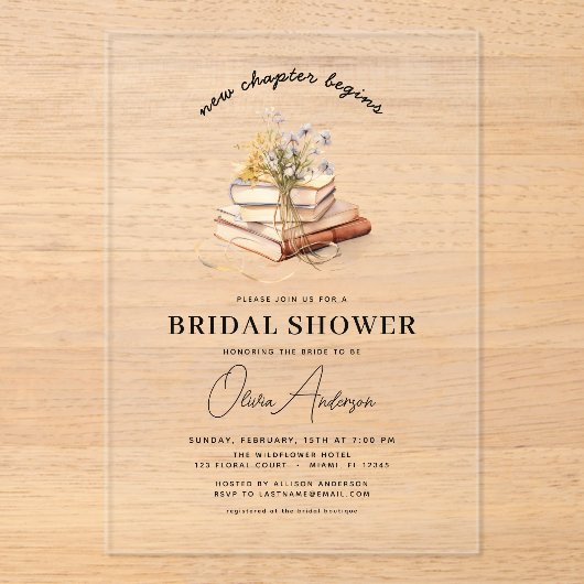 Wildflower boek Nieuw hoofdstuk begint met Vrijgez Acryl Uitnodigingen (Voorkant)