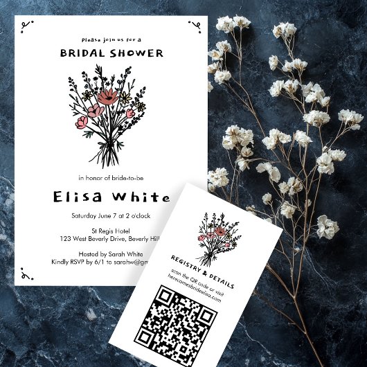 Wildflower boeket grillige QR-code vet bruids Informatiekaartje