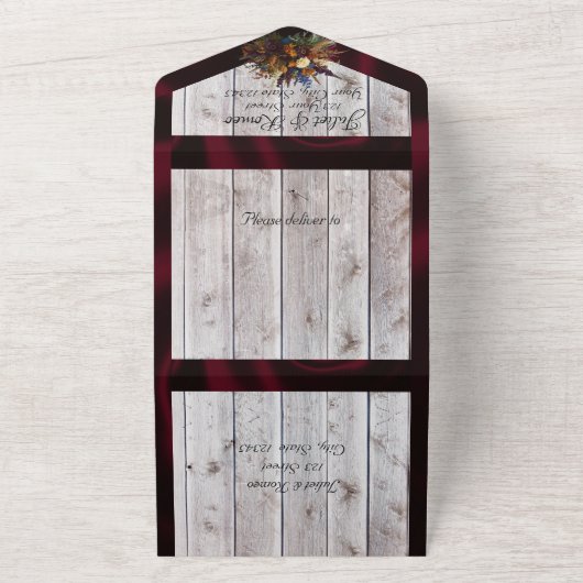 Wildflower boeket met Bourgondische lint bruiloft All In One Uitnodiging (Buitenkant)