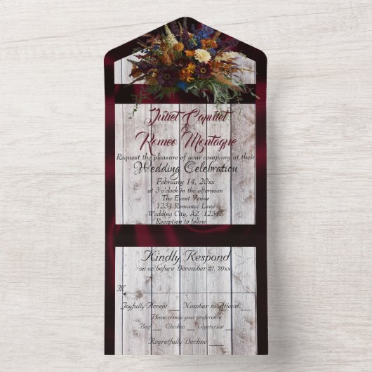 Wildflower boeket met Bourgondische lint bruiloft All In One Uitnodiging (Binnen)