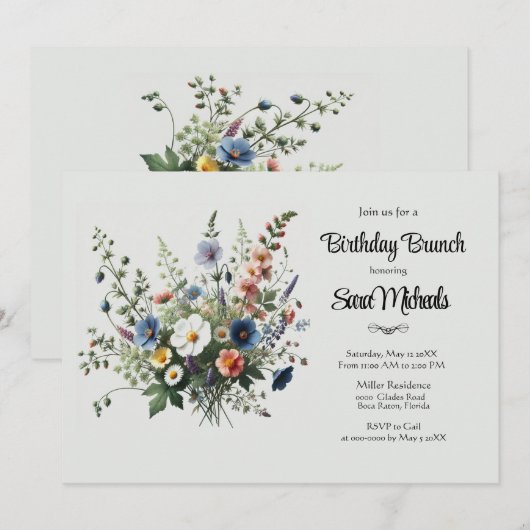 Wildflower Boeket Verjaardag Brunch Uitnodiging (Voorkant / Achterkant)