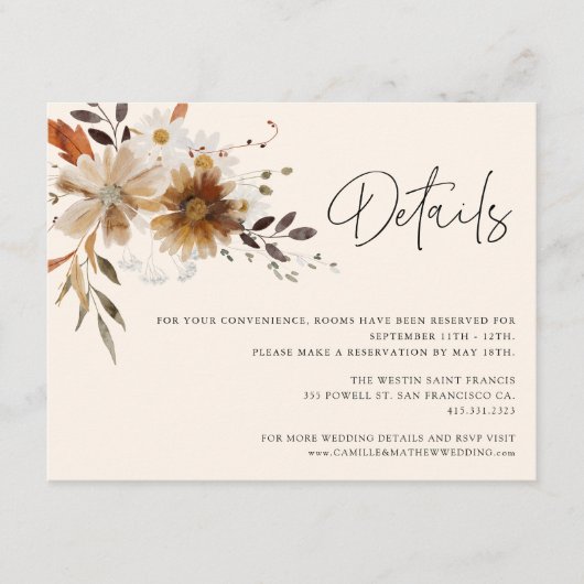 Wildflower Bohemian bruiloft Details Kaart (Voorkant)