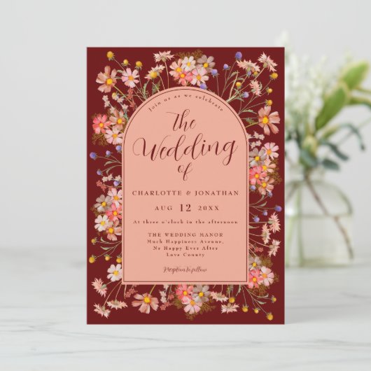 Wildflower Boho Arch Dark Terracotta Fall Wedding Kaart (Staand voorkant)