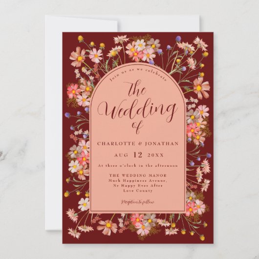 Wildflower Boho Arch Dark Terracotta Fall Wedding Kaart (Voorkant)