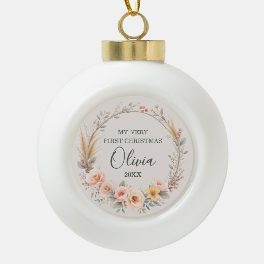 Wildflower Boho Baby Eerste kerst Personaliseren Keramische Bal Ornament (Voorkant)