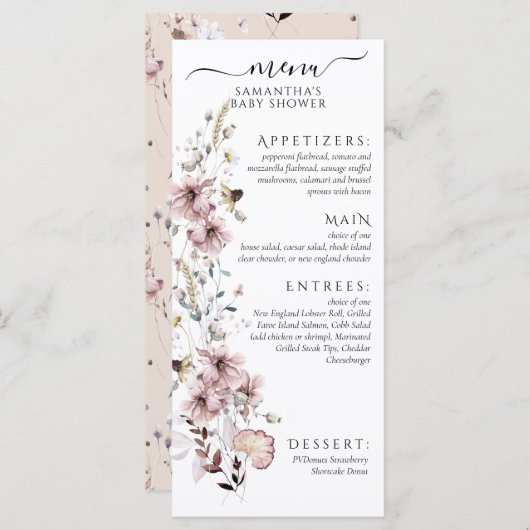 Wildflower Boho Baby Meisje Douche Menu (Voorkant / Achterkant)