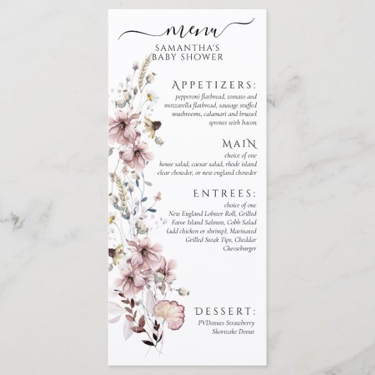 Wildflower Boho Baby Meisje Douche Menu (Voorkant)