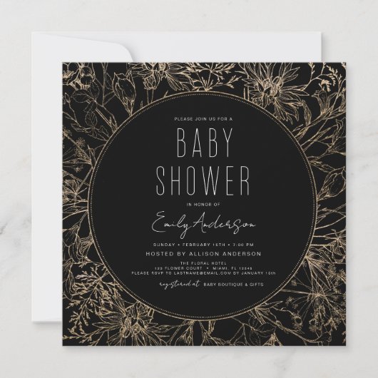 Wildflower Boho Baby shower Black Modern Kaart (Voorkant)