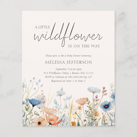 Wildflower Boho Baby shower Budget Uitnodiging (Voorkant)
