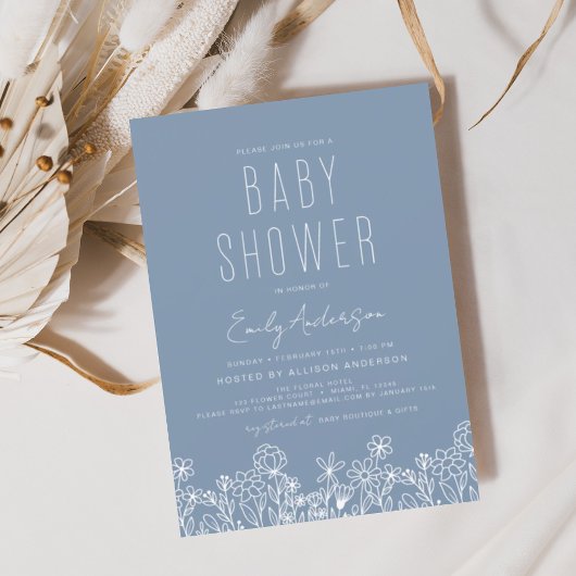 Wildflower Boho Baby shower Dusty Blue Elegant Kaart