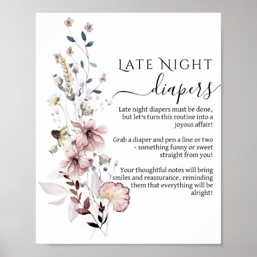 Wildflower boho Baby shower Late Night Luiers Poster (Voorkant)