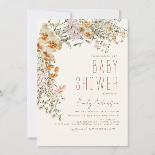 Wildflower Boho Baby shower Terracotta Modern Kaart (Voorkant)