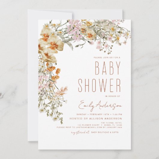 Wildflower Boho Baby shower Terracotta Modern Kaart (Voorkant)