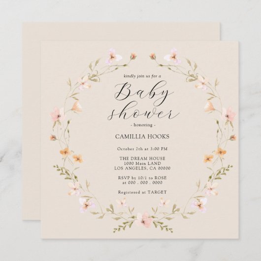 Wildflower Boho Baby shower Uitnodiging (Voorkant / Achterkant)
