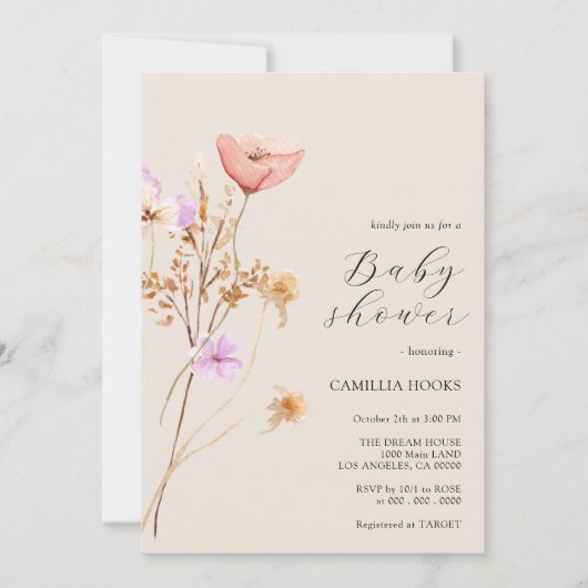 Wildflower Boho Baby shower Uitnodiging (Voorkant)