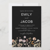 Wildflower Boho Black Botanical Wedding Kaart (Voorkant)