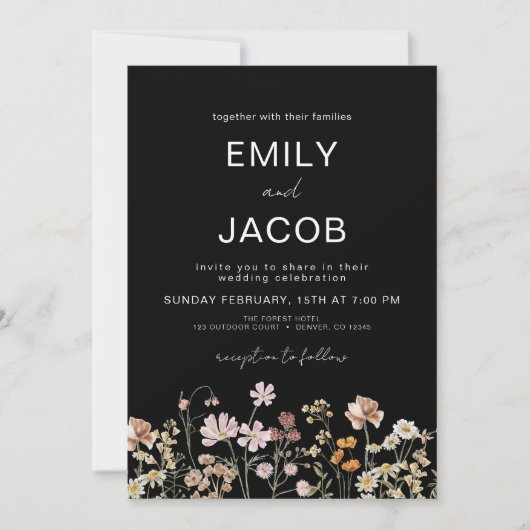 Wildflower Boho Black Botanical Wedding Kaart (Voorkant)