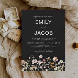 Wildflower Boho Black Botanical Wedding Kaart