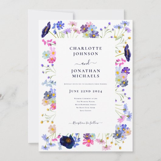 Wildflower Boho Blue QR Code Bruiloft Kaart (Voorkant)