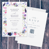 Wildflower Boho Blue QR Code Bruiloft Kaart